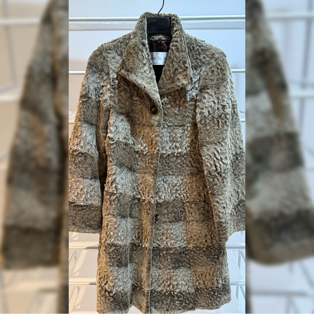 Cream and Brown Teddy Jacket with Plush Fabric and Structured Collar